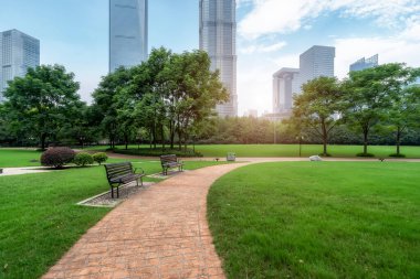 Park, çayır, orman ve kentsel modern mimari gökyüzü