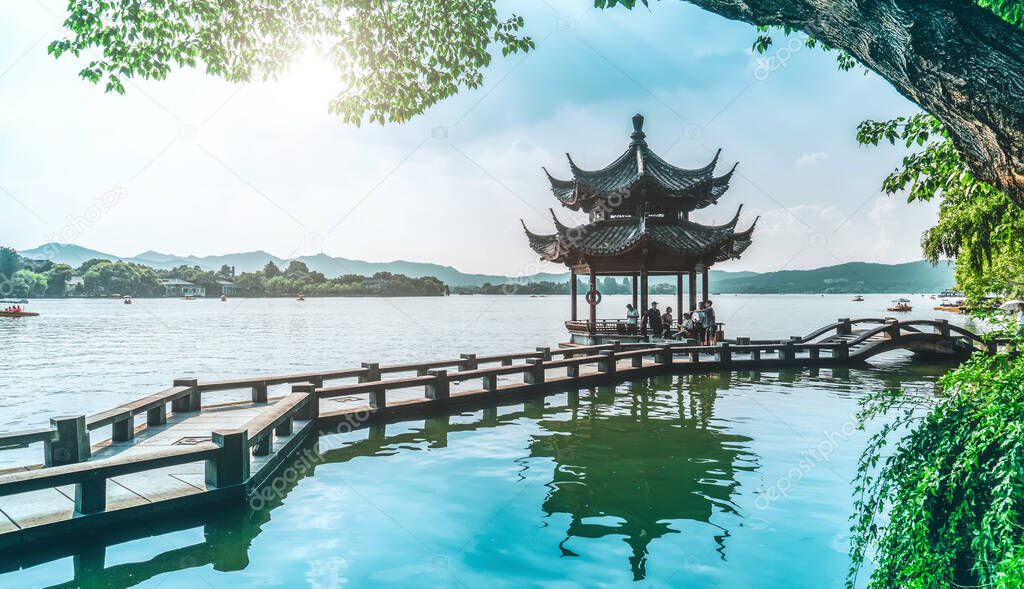 Beautiful architectural landscape and landscape of West Lake in 