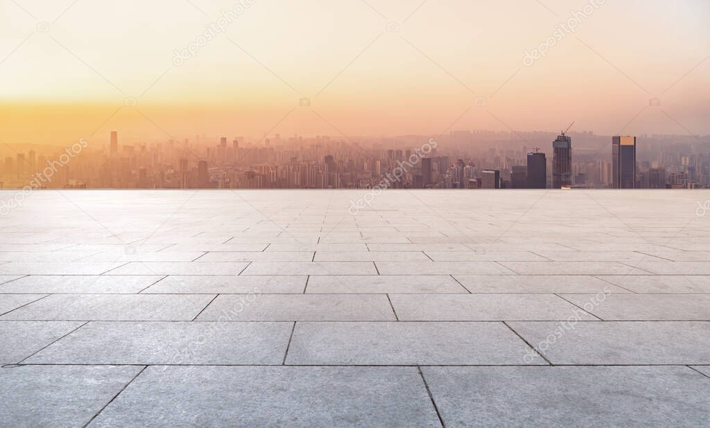 Square floor tiles and Chongqing urban building skylin