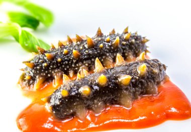 Sea cucumber with tomato sauce on white background clipart