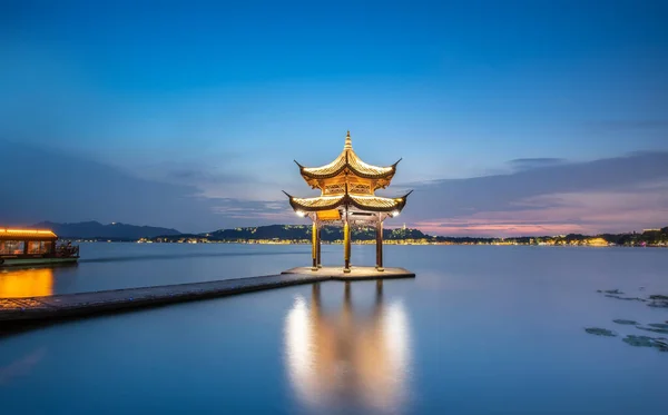 Jixian Pavilon Naplemente Hangzhou Nyugati Tavában — Stock Fotó