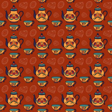 Çaydanlıklar, bardak, limon, çörek ve Konfeksiyon bej-mavi tonlarda ile Seamless modeli 