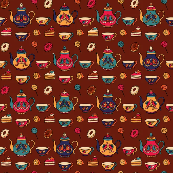 Sıcak içecekler, bardak, limon, çörek ve Konfeksiyon ile Seamless modeli