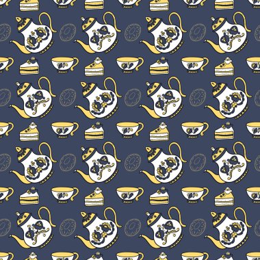 Çaydanlıklar, bardak ve Konfeksiyon mavi-sarı tonlarda ile Seamless modeli