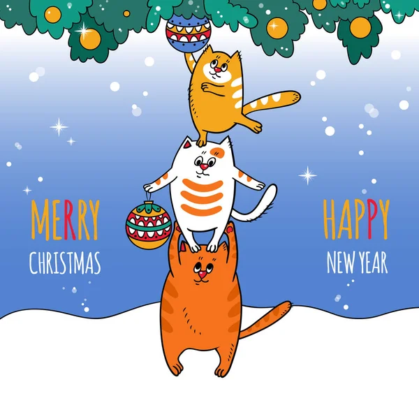 Fröhliche Weihnachtskarte Mit Drei Katzen Weihnachtsbaum Und Weihnachtskugeln lizenzfreie Stockillustrationen