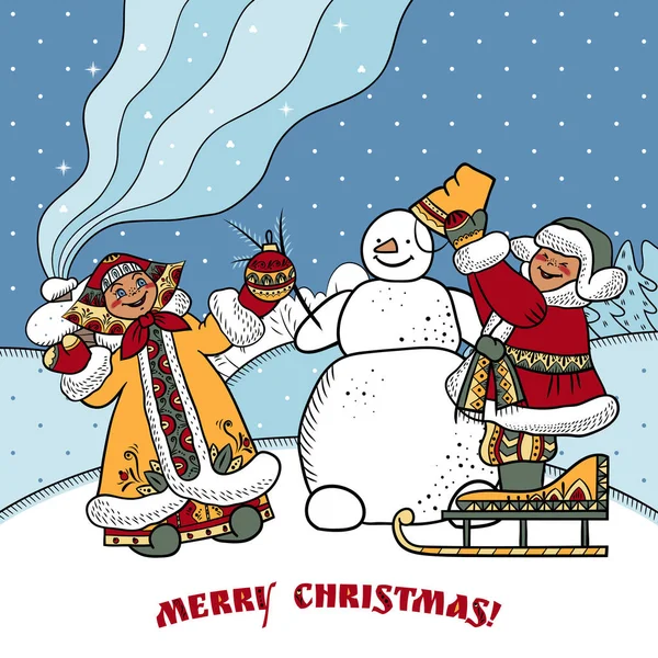 Χαρούμενα Κάρτα Χριστούγεννα Παιδιά Χιονάνθρωπος Και Χιόνι — Διανυσματικό Αρχείο