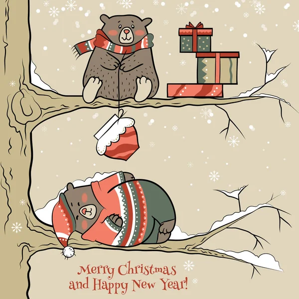 Neşeli Noel kartı şirin kahverengi ayı ve ağaç kırmızı, yeşil ve bej tonlarında