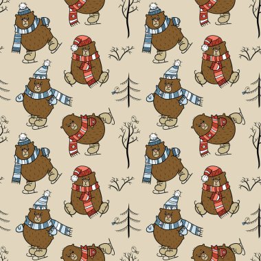 Kahverengi ayılar paten, ağaçlar ve kuşlar ile Seamless modeli 