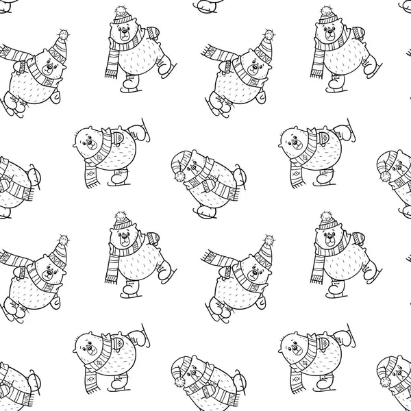 Бесшовный Рисунок Различными Медведями Шляпах Коньках Черно Белых Тонах — стоковый вектор