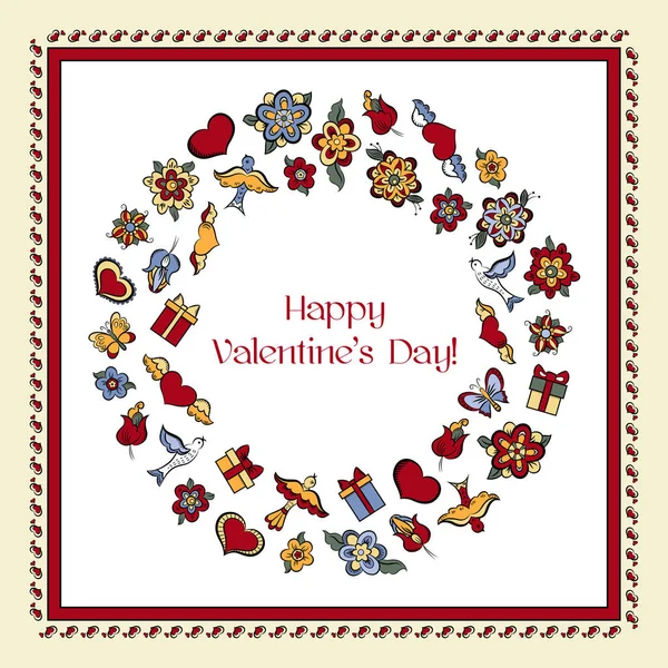 Valentinstag Karte Mit Bunten Blumen Und Herzen — Stockvektor