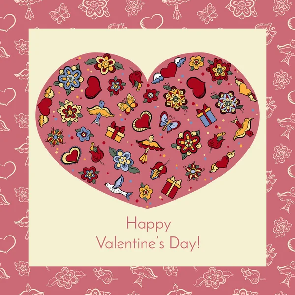 Valentinstag-Karte mit Blumen und Herzen auf rosa Hintergrund — Stockvektor