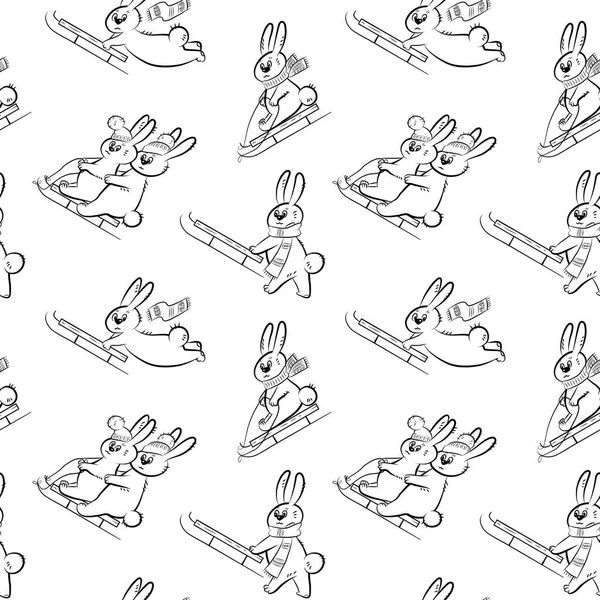 Patrón Sin Costuras Con Diferentes Conejos Trineos Tonos Blanco Negro — Archivo Imágenes Vectoriales