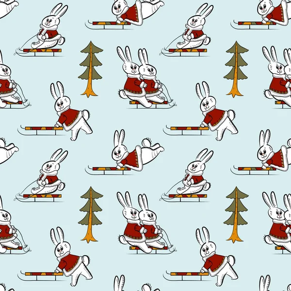 Kırmızı ve turuncu tonlarında kızaklarımız üzerinde farklı tavşan ile Seamless modeli