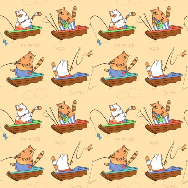 Zencefil ve beyaz kediler, renkli tekneler ve olta çubukları ile Dikişsiz desen