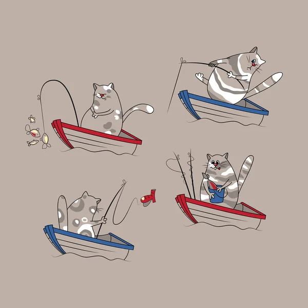 Collezione con gatti, barche e canne da pesca nei toni del grigio — Vettoriale Stock