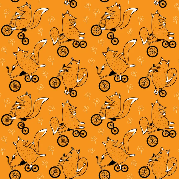 Patrón Sin Costuras Con Zorros Bicicletas Flores Fondo Vectorial Animalista — Archivo Imágenes Vectoriales