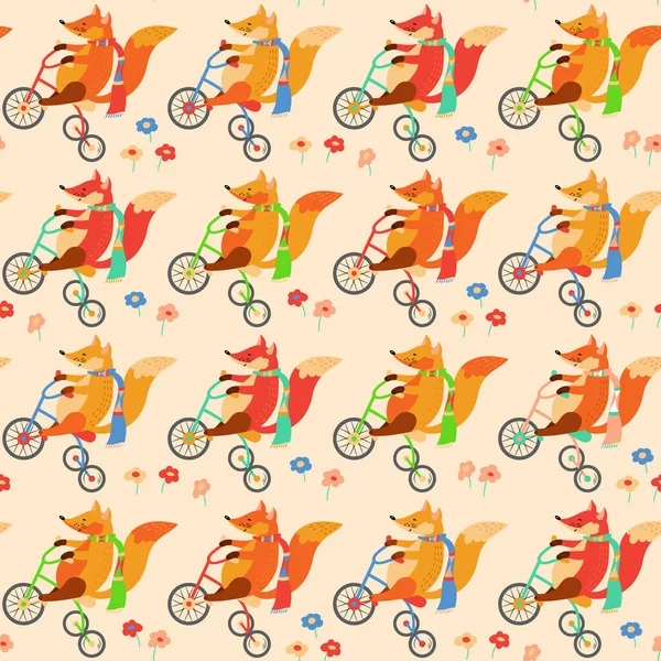 Patrón Sin Costuras Con Zorros Bicicletas Flores Fondo Vectorial Animalista — Archivo Imágenes Vectoriales