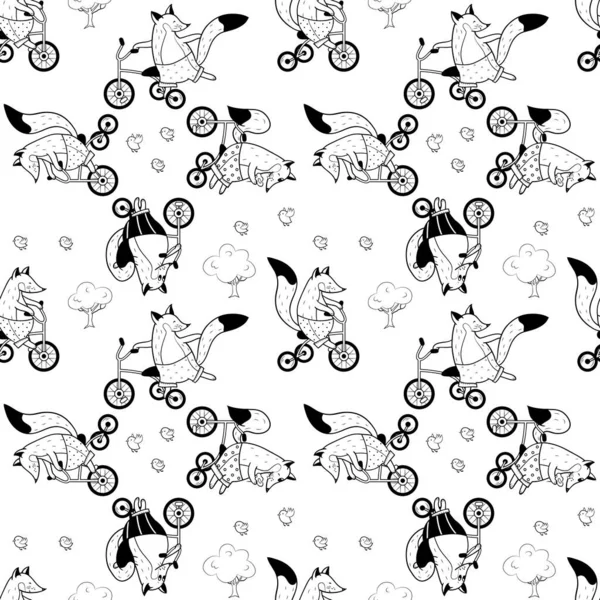 Nahtloses Muster Mit Füchsen Auf Fahrrädern Vögeln Und Bäumen Animalistischer — Stockvektor