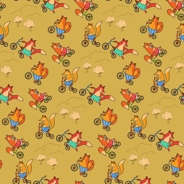 Patrón Sin Costuras Con Zorros Bicicletas Árboles Fondo Vectorial Animalista — Archivo Imágenes Vectoriales