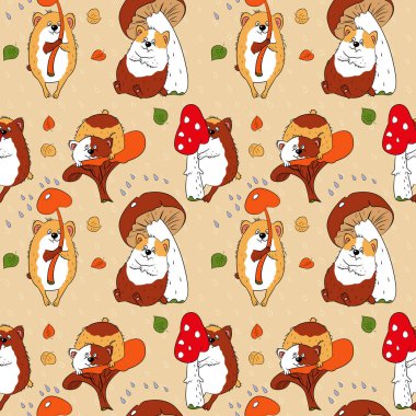 Gine domuzları ve mantarlarla kusursuz desen. Hayvani vektör arka planı. Duvar kağıtları, şablon dolguları, tekstil, yüzey dokuları için kullanılabilir