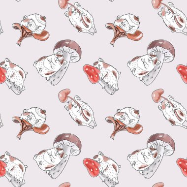 Farklı kobay ve suluboya mantarlı kusursuz desenler. Hayvani vektör arka planı. Kahverengi, bej ve kırmızı tonlarda. Duvar kağıtları, şablon dolguları, tekstil, yüzey dokuları için kullanılabilir