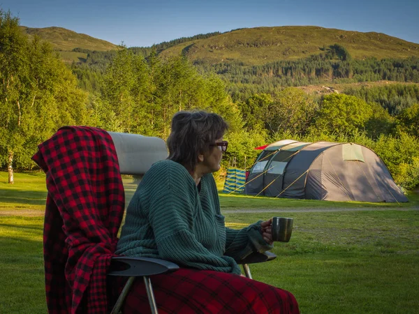 Senior Woman Camper Background Nature Ltent Stock Picture