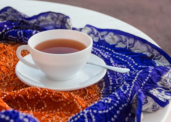 Porcelain White Cup Tea Table Colorful Tablecloth Outdoor Close — Stock Photo, Image