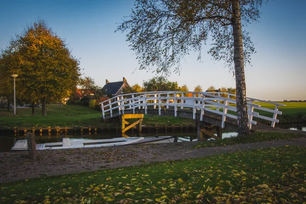木製の小さな歩道橋とバーチ材 オランダ フリースラント州運河の本格的な村の表示します — ストック写真