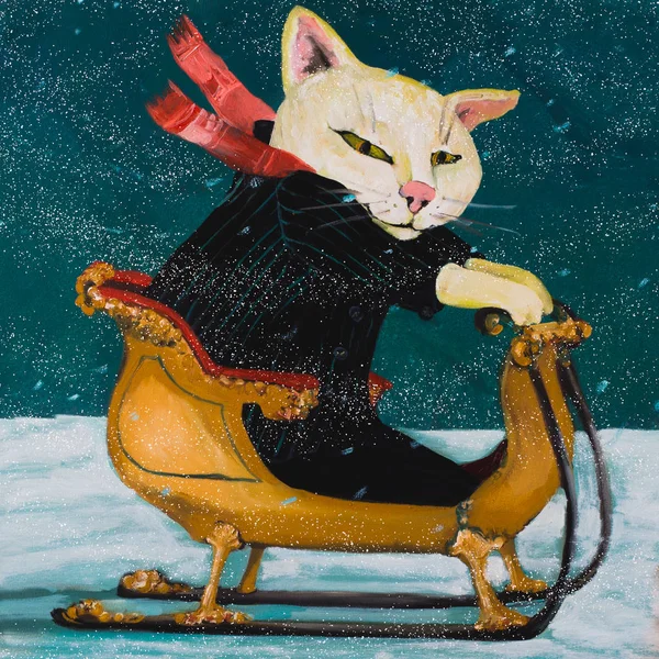 Happy cat in a sled. cozy winter scene, illustration, oil painting, art for kids.winter scene, illustration, oil painting, art for kids. Funny illustration hand drawn