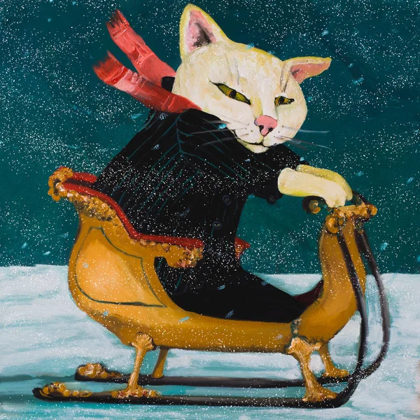 Bir kızak mutlu kedi. sıcacık kış sahne, illüstrasyon, yağlı boya, kids.winter sahne, illüstrasyon, yağlıboya resim, çocuklar için sanat için sanat. Komik illüstrasyon elle çizilmiş