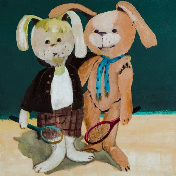 两只兔子在深绿色背景的油画 滑稽的例证手画 — 图库照片