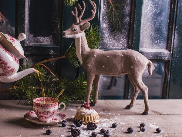 Decoratieve Kerstmis Achtergrond Souvenirs Heerlijke Koekjes — Stockfoto