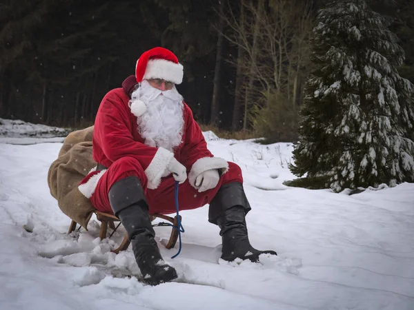 Noel Baba'ya karla kaplı ormanda kızak hediye bir torbayla oturan kırmızı kostümlü.