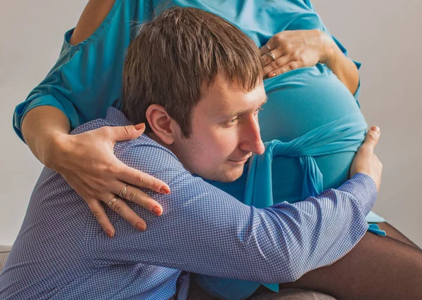 Dreamily Feeling Young Happy Father Man Holding His Pregnant Wife — Stock Photo, Image