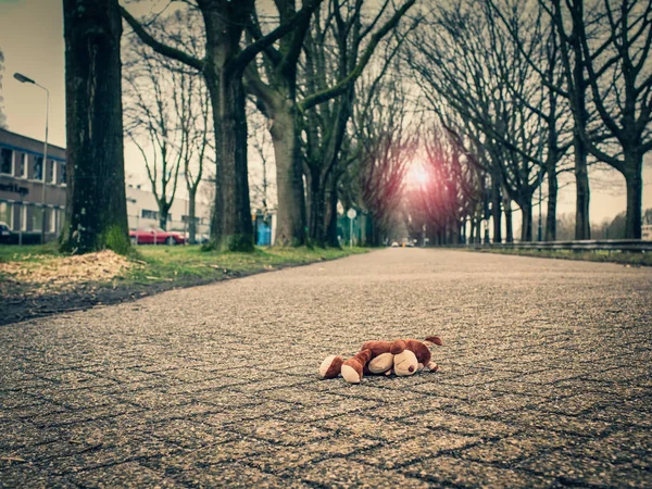 Yumuşak oyuncak köpek yolda yalan. Sokakta çocuk güvenliği kavramı.