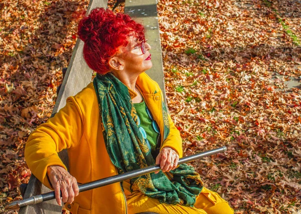 Uma senhora encantadora de mais de setenta anos de idade com vara é sentar — Fotografia de Stock