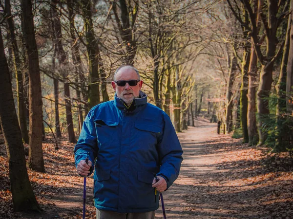 Homme mûr actif à la marche nordique dans la forêt, sain l — Photo