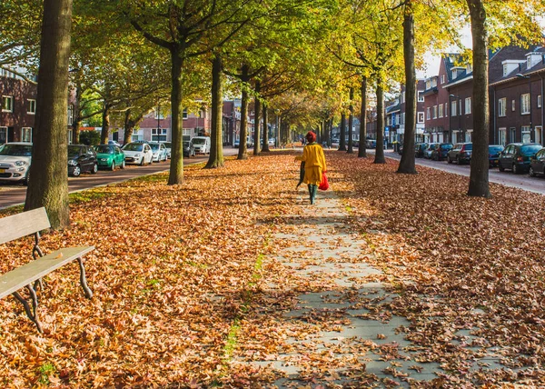 Charmante Senior vrouw in gele kleren wandelingen in een park, seasona — Stockfoto
