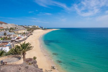 Kanarya Adası Fuerteventura, İspanya Morro Jable - Playa del Marotorral - Jandia içinde plajda havadan görünümü.