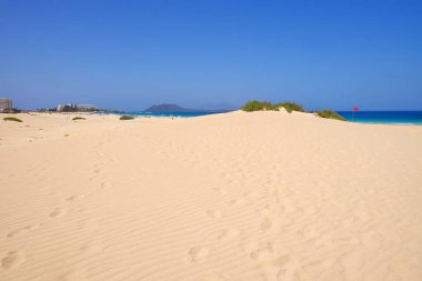 Ulusal Park Corralejo, Fuerteventura kum tepeleri ve plaj.