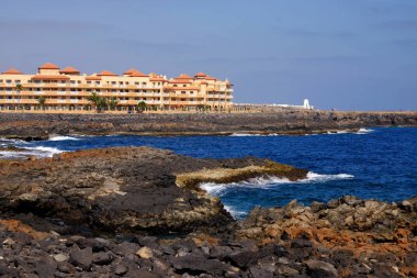 Fuerteventura üzerinde Plaj Caleta de Fuste, Kanarya Adaları.