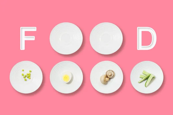 Здорова Їжа Мінімалістична Плоска Їжа Напис Білі Тарілки Грибами Яйцем — стокове фото