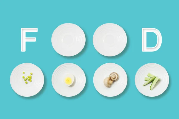 Gesunde Ernährung Minimalistisch Flach Lag Lebensmittelbeschriftung Und Weiße Teller Mit — Stockfoto