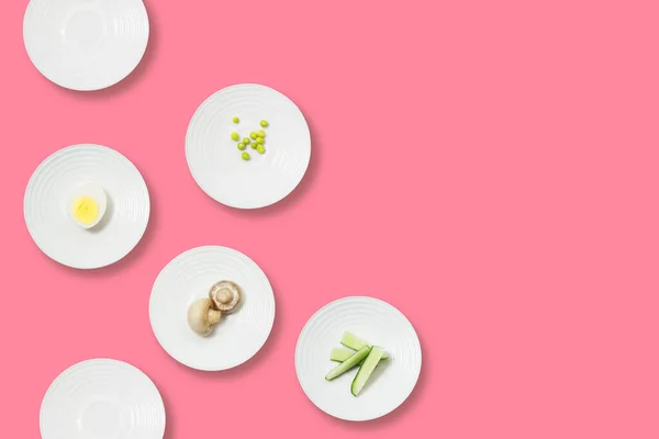 Alimentation Saine Plat Minimaliste Laïc Assiettes Blanches Avec Des Aliments — Photo