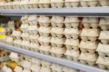 Süpermarketteki bir rafta tavuk yumurtası ile çevre dostu ambalaj.