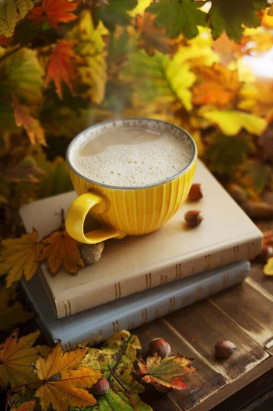 Xícara Amarela Café Uma Pilha Livros Folhagem Outono Com Bolotas — Fotografia de Stock