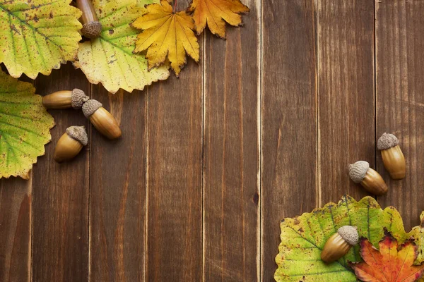 Frame Van Herfstgeel Blad Eikels Een Houten Ondergrond Met Kopieerruimte — Stockfoto