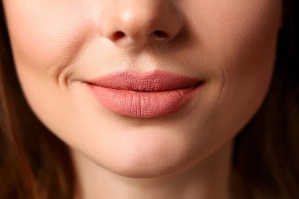 Smiling female closed red lips closeup — Stock Photo, Image