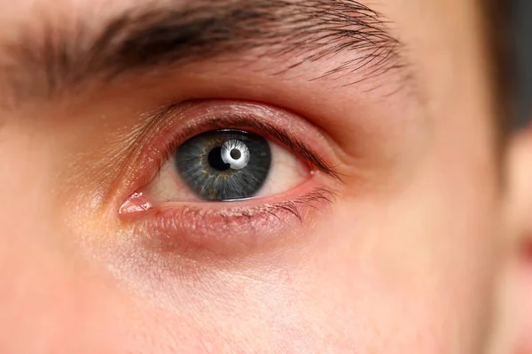 Hombre izquierdo azul gris ojo de color extremo primer plano — Foto de Stock