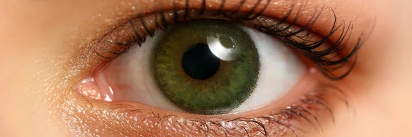女性左翡翠绿色眼睛极端特写镜头 — 图库照片